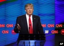 Republican presidential candidate, businessman Donald Trump, speaks during the Republican presidential debate sponsored by CNN, Salem Media Group and the Washington Times at the University of Miami, Thursday, March 10, 2016.