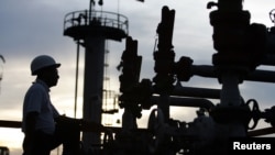 FILE- A technician checks pipelines at Bangchak oil tanks in Bangkok September 7, 2005. 