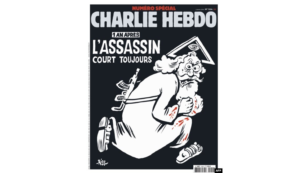 Charlie Hebdo magazine marks the first anniversary of a deadly assault on its offices with a special edition. Its cover headline says: ‘The assassin still at large.’