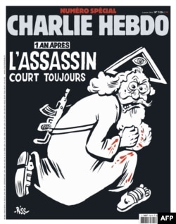 Charlie Hebdo magazine marks the first anniversary of a deadly assault on its offices with a special edition. Its cover headline says: ‘The assassin still at large.’