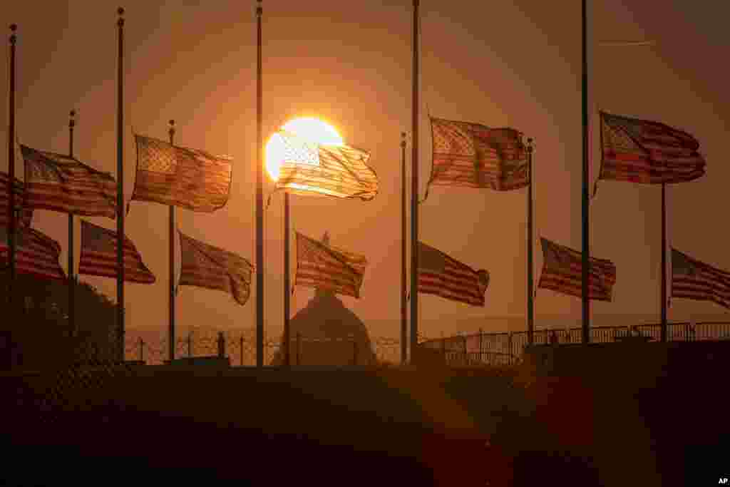 17일 미국 워싱턴 기념관 주변에 전 날 발생한 해군시설 총격 사건 희생자를 애도하는 성조기들이 게양되어 있다.