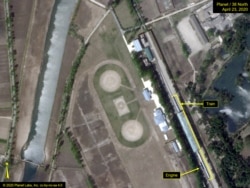 What is described by Washington-based North Korea monitoring project 38 North as a special train possibly belonging to North Korean leader Kim Jong Un is seen in a satellite image with graphics taken over Wonsan, North Korea April 23, 2020.