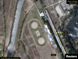 What is described by Washington-based North Korea monitoring project 38 North as a special train possibly belonging to North Korean leader Kim Jong Un is seen in a satellite image with graphics taken over Wonsan, North Korea April 23, 2020.