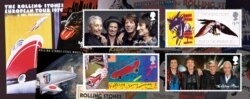 Satu set berisi empat perangko Royal Mail untuk menghormati 60 tahun grup rock legendaris "The Rolling Stones" dalam Lembar Miniatur pada selebaran tak bertanggal. (Royal Mail/Handout via REUTERS)
