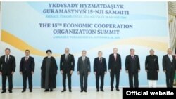 Participants of the 15th Economic Cooperation Organization Summit stand for a group photo in Ashgabat, Turkmenistan, Nov. 28, 2021. (Source: Turkmenistan Foreign Ministry website mfa.gov.tm)