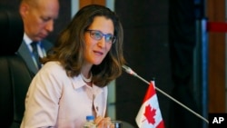 FILE - Canadian Foreign Minister Chrystia Freeland, pictured at a meeting in Pasay, Philippines, Aug. 6, 2017, says her nation's sanctions against Venezuela are meant to demonstrate that anti-democratic behavior has consequences.