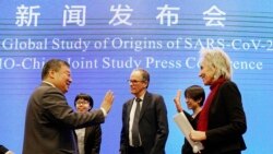 Marion Koopmans, right, and Peter Ben Embarek, center, of the World Health Organization team say farewell to their Chinese counterpart Liang Wannian, left, after a WHO-China Joint Study Press Conference held at the end of the WHO mission in Wuhan, China,