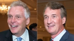 2021年弗吉尼亚州长选举中的民主党候选人麦考利夫（左）与共和党籍对手杨金。