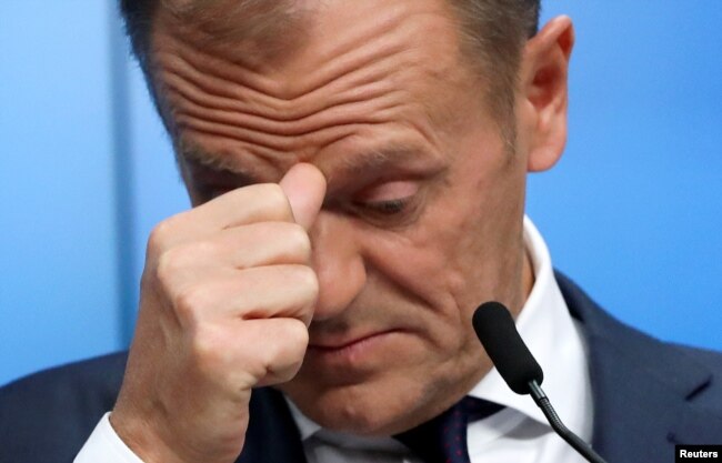 European Council President Donald Tusk reacts as he holds a news conference after an extraordinary European Union leaders summit to discuss Brexit, in Brussels, Belgium, April 11, 2019.