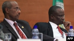 Seyoum Mesfin (L), the lead mediator at peace talks for South Sudan, and chief negotiator for the South Sudan armed opposition, Taban Deng Gai, at an earlier round of talks for South Sudan. 