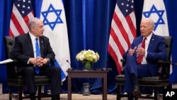 FILE - U.S. President Joe Biden meets with Israeli Prime Minister Benjamin Netanyahu in New York, Sept. 20, 2023. The two discussed plans for postwar Gaza by phone on Jan. 19, 2024.