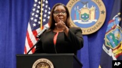 New York State Attorney General Letitia James takes a question from a reporter after announcing that the state is suing the National Rifle Association during a press conference, Thursday, Aug. 6, 2020, in New York. James said that the state is…