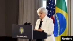 Menteri Keuangan AS Janet Yellen berpidato selama acara G20 di Barra da Tijuca, Rio de Janeiro, Brasil, pada 25 Juli 2024. (Foto: REUTERS/Tita Barros)