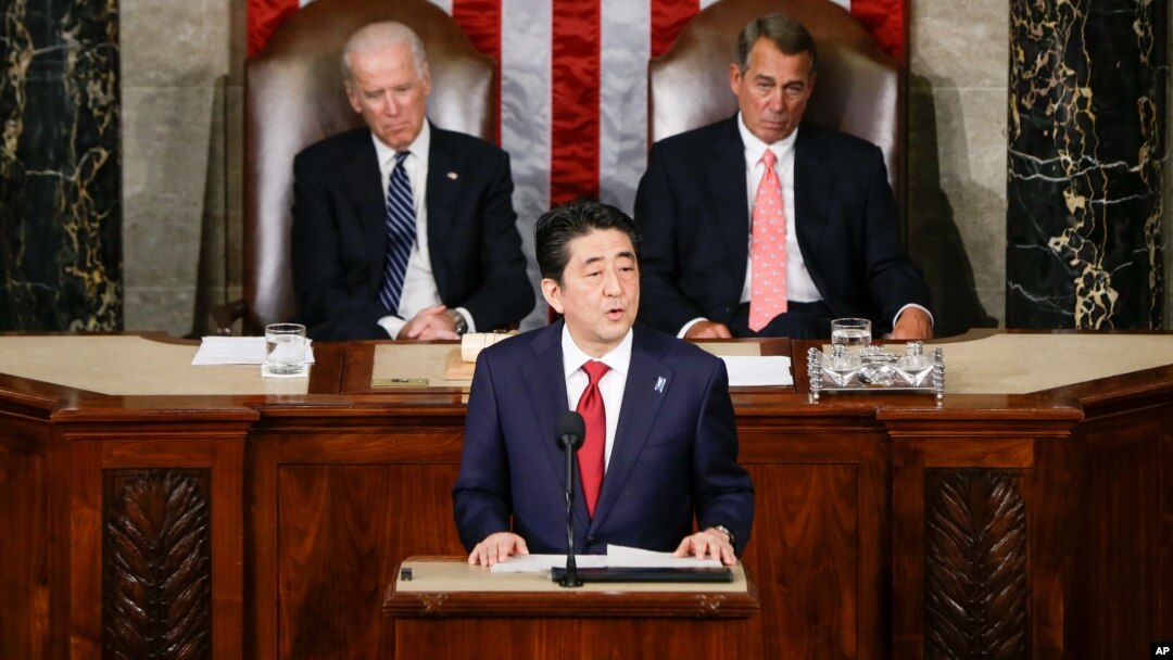 PM Jepang Shinzo Abe hari Rabu (29/4) memberikan pidato di depan anggota Kongres AS di Washington DC. 