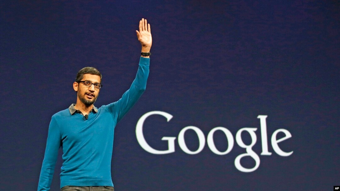 Sundar Pichai, senior vice president of Android, Chrome and Apps, waves after speaking during the Google I/O 2015 keynote presentation in San Francisco, May 28, 2015. 