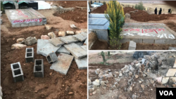 Collage of photos shared on social media, appearing to show the Dec. 17, 2020, aftermath of Iranian authorities' destruction of walls at the gravesite of wrester-turned-opposition activist Navid Afkari. (VOA Persian) 