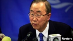 FILE - U.N. Secretary-General Ban Ki-moon speaks during a news conference at the UNMISS (United Nations Mission in South Sudan) base in Juba May 6, 2014.