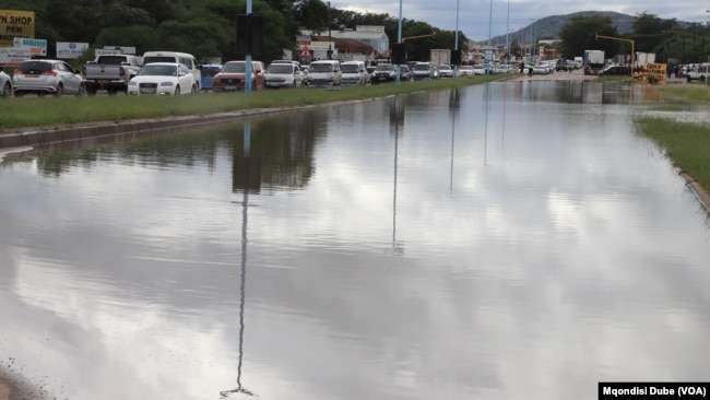 A section of the road between Gaborone and Tlokweng is closed due to flooding, in Botswana, Feb. 22, 2025.