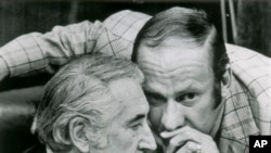 In this July 27, 1974, file photo, Rep. Thomas Railsback, R-Ill., right, confers with chairman Peter Rodino, D-N.J., during the House Judiciary Committee's debate on impeachment articles in Washington.