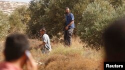 FILE - As a Palestinian man looks on, Jewish settlers carry rifles as they walk around olive trees during harvest time near the Jewish settlement of Elone Moreh in the West Bank village of Azmut, Oct. 15, 2010.