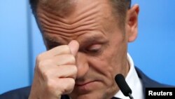 El presidente del Consejo Europeo, Donald Tusk, durante una rueda de prensa en una cumbre extrordinaria de líderes europeos sobre Brexit. Bruselas, Bélgica, 11-4-19. REUTERS/Yves Herman.