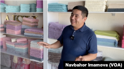 Abdulgaffor Ergashev, representative of the Uzbek manufacturer Aisha Home Textile, said his company is eager to export to Afghanistan and beyond. Termez, Uzbekistan, Sept. 5, 2024.