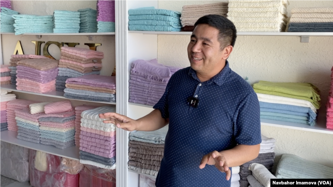 Abdulgaffor Ergashev, representative of the Uzbek manufacturer Aisha Home Textile, said his company is eager to export to Afghanistan and beyond. Termez, Uzbekistan, Sept. 5, 2024.