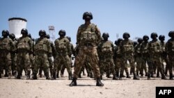 Mozambican soldiers stand as Mozambican President Filipe Nyusi and Rwanda President Paul Kagame review the troops on Sept. 24, 2021, in Pemba, Cabo Delgado province, Mozambique.
