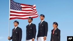 This product image released by designer Ralph Lauren shows US athletes in their controversial 2012 London Olympics uniforms.