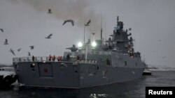 FILE: The Russian frigate "Admiral of the Fleet of the Soviet Union Gorshkov" armed with Zircon (Tsirkon) hypersonic weapons leaves the naval base in Severomorsk, Russia, in this still image taken from video released January 4, 2023. Russian Defence Ministry/Handout via REUTERS.