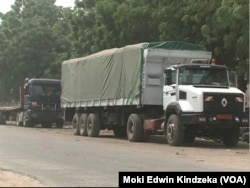 Trucks suspected of transporting fuel illegally to the Central African Republic are seen in the Cameroon border town of Garoua Boulaye, near C.A.R., Feb. 26, 2019.