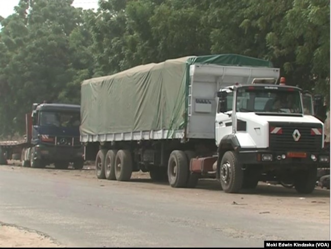 Trucks suspected of transporting fuel illegally to the Central African Republic are seen in the Cameroon border town of Garoua Boulaye, near C.A.R., Feb. 26, 2019.