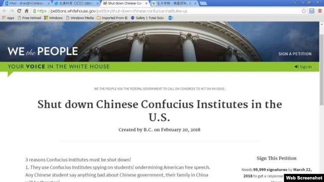 Blogger kiến nghị Tòa Bạch Ốc đóng cửa các Viện Khổng Tử tại Hoa Kỳ. （白宫请愿网站截图） 