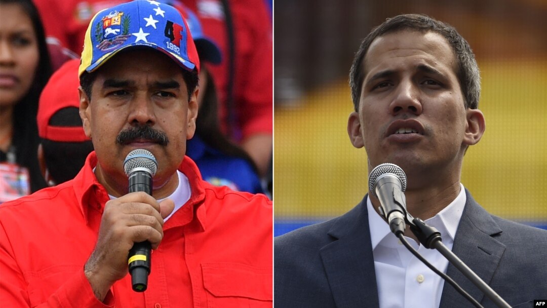 ARSIP - Foto Presiden Venezuela, Nicolas Maduro (kiri) berpidato di depan pendukungnya 2 Februari 2019 dan pemimpin oposisi, Juan Guaido, berpidato di depan ribuan pendukungnya di Caracas pada hari yang sama (foto: Yuri Cortez dan Juan Barreto/AFP)