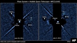 Two images, taken about a week apart by NASA's Hubble Space Telescope, show four moons orbiting the distant, icy dwarf planet Pluto