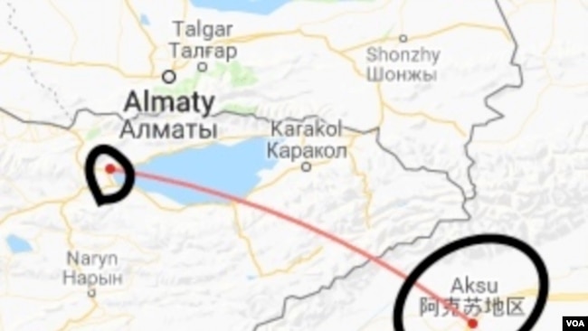 谷歌地图中显示的演习地区吉尔吉斯巴雷克奇市与新疆阿克苏距离。