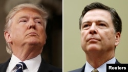 Une combinaison montrant le président Donald Trump, le 28 février 2017, à gauche, et l’ex-directeur James Comey, le 7 juillet 2016