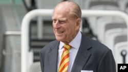 Britain's Prince Philip, the Duke of Edinburgh, smiles during his visit to Lord's Cricket Ground to open the new Warner Stand, in London, May 3, 2017. Buckingham Palace said Thursday that Prince Philip will no longer carry out engagements starting this fall.