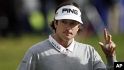 Bubba Watson after sinking a birdie putt on the final hole that propelled him to victory in the Farmers Insurance Open golf tournament in San Diego, January 30, 2011