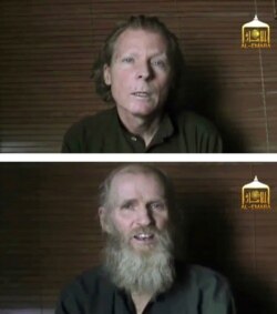 FILE - A photo combination if images taken from video released June 21, 2017, by Taliban spokesman Zabihullah Mujahid, shows kidnapped Australian Timothy Weeks, top, and American Kevin King.