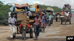 FILE - Men are seen escorting donkey carts in southern Mogadishu, Somalia, Oct. 12, 2011. Nine donkeys pulling carts with supplies to a government-controlled area have reportedly been shot dead by al-Shabab militants in the country's Bakool region.