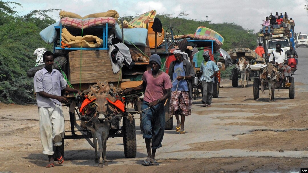 Warga mengangkut barang-barang dengan kereta yang ditarika keledai, untuk dibawa ke pinggiran Mogadishu yang dibawah kendali pasukan pemerintah (foto: ilustrasi). 