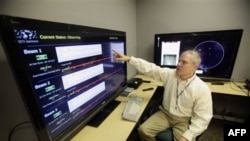 Senior software engineer Jon Richards shows data collected by the Allen Telescope Array at the SETI Institute in Mountain View, California, last April