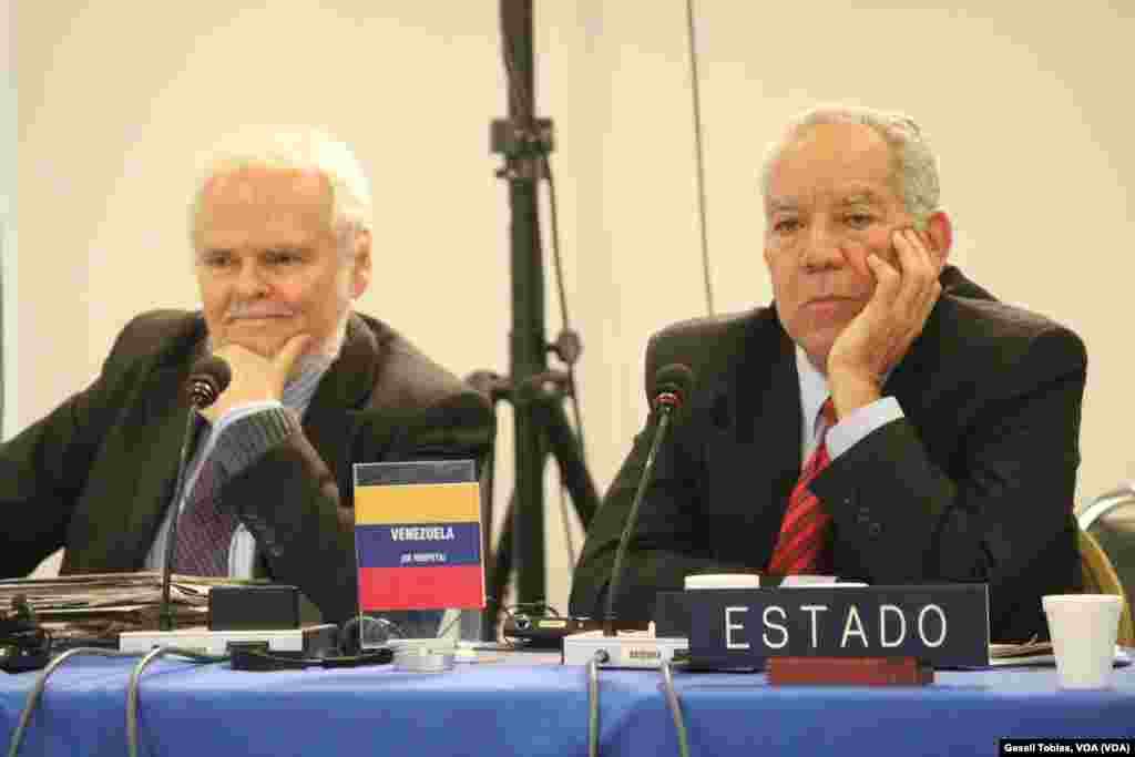 Luis Britto, abogado representante del Estado venezolano (izq.) y Germán Saltrón, agente del Estado para Derechos Humanos, durante la sesión sobre la libertad de expresión en Venezuela organizada por la Comisión Interamericana de Derechos Humanos.