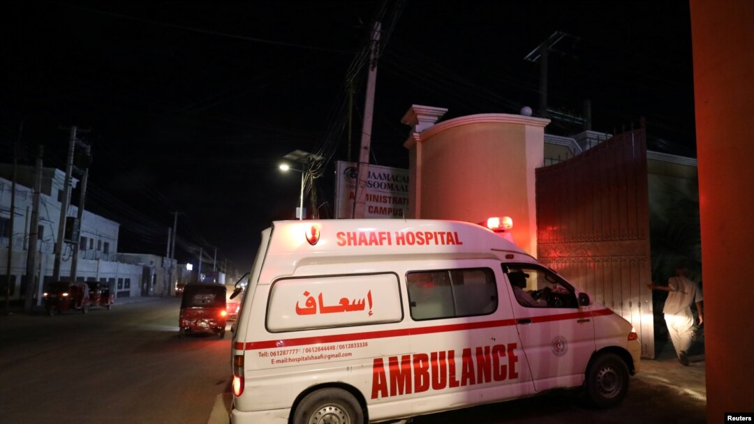 FILE - An ambulance carrying an injured person from an attack by al-Shabab gunmen on a hotel near the presidential residence arrives at Shaafi hospital in Mogadishu, Somalia, Dec. 10, 2019. 