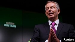 FILE - Former British Prime Minister Tony Blair delivers a keynote speech at a pro-Europe event in London, Britain.