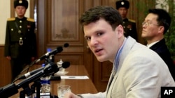 FILE - American student Otto Warmbier speaks as he is presented to reporters in Pyongyang, North Korea, Feb. 29, 2016.