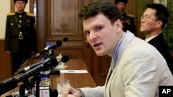 FILE - American student Otto Warmbier speaks as he is presented to reporters in Pyongyang, North Korea, Feb. 29, 2016.