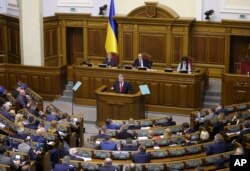 Ukrainian President Petro Poroshenko speaks during a parliament session in Kyiv, Ukraine, Nov. 26, 2018.