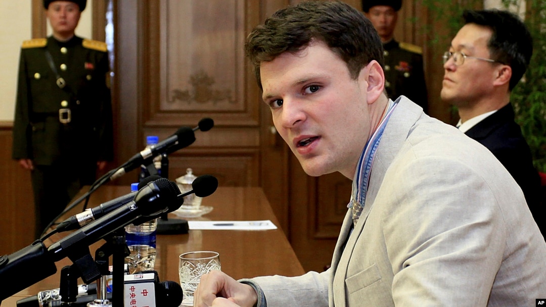 FILE - American student Otto Warmbier speaks as he is presented to reporters in Pyongyang, North Korea, Feb. 29, 2016.